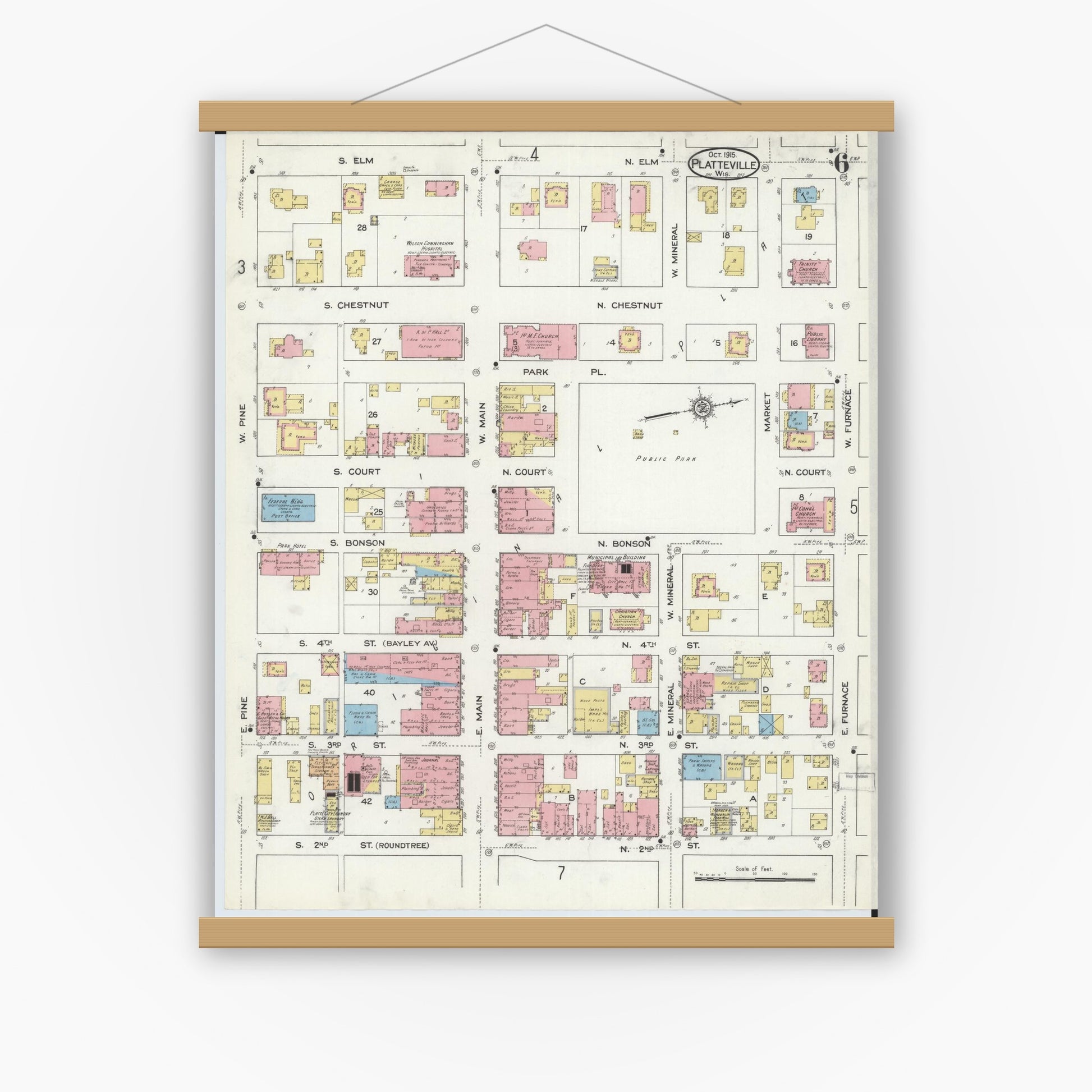 Old map wall art mockup — magnetic wood frame on white wall — Sanborn Fire Insurance Map from Platteville, Grant County, Wisconsin (1915), Sheet #0006