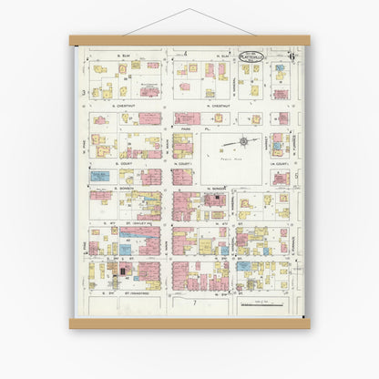 Old map wall art mockup — magnetic wood frame on white wall — Sanborn Fire Insurance Map from Platteville, Grant County, Wisconsin (1915), Sheet #0006