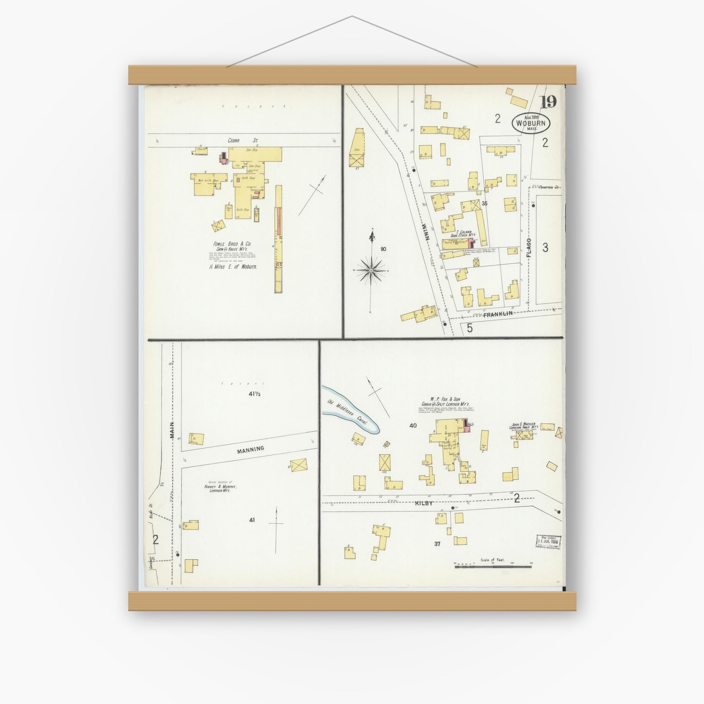 Old map wall art mockup — magnetic wood frame on white wall — Sanborn Fire Insurance Map from Woburn, Middlesex County, Massachusetts (1899), Sheet #0019