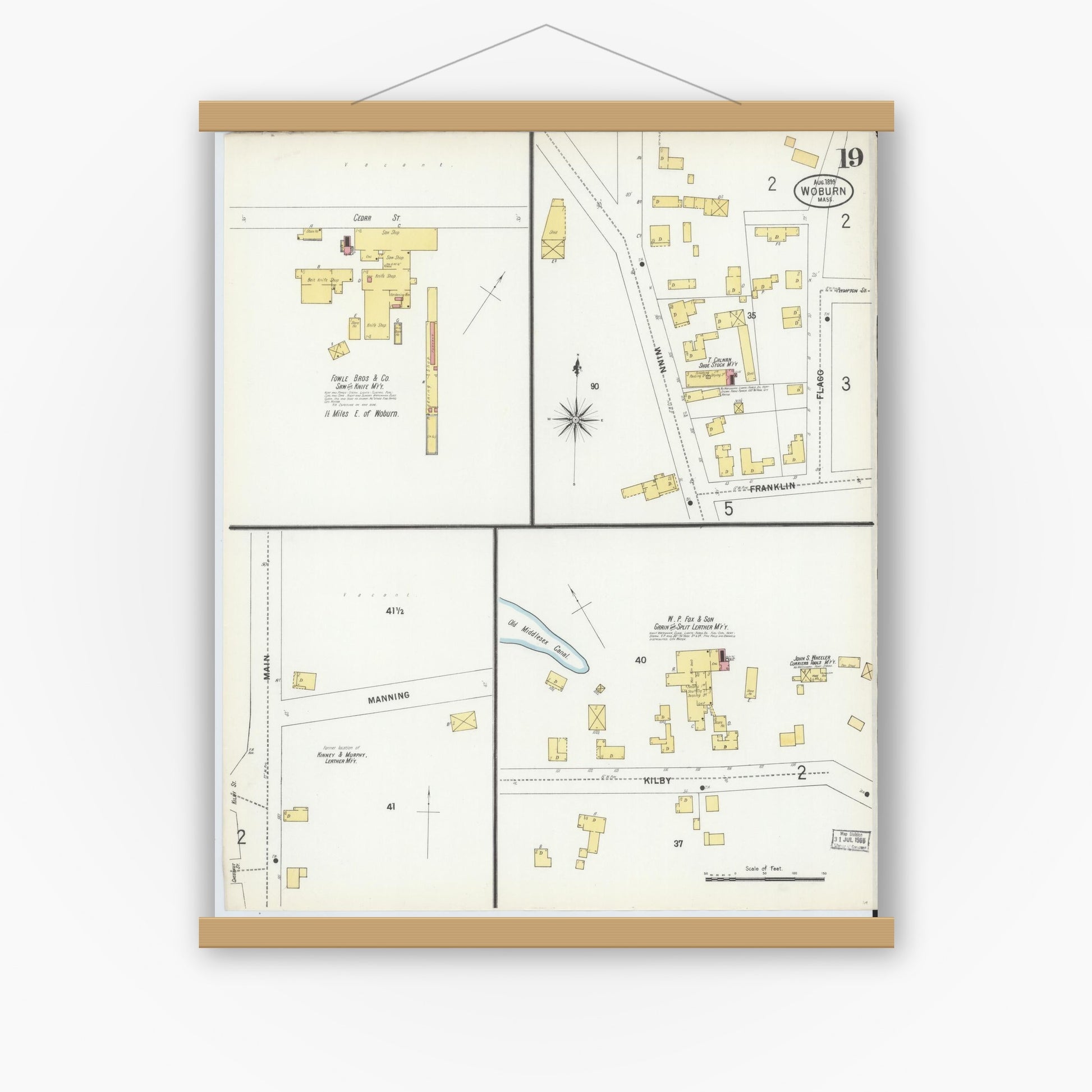 Old map wall art mockup — magnetic wood frame on white wall — Sanborn Fire Insurance Map from Woburn, Middlesex County, Massachusetts (1899), Sheet #0019
