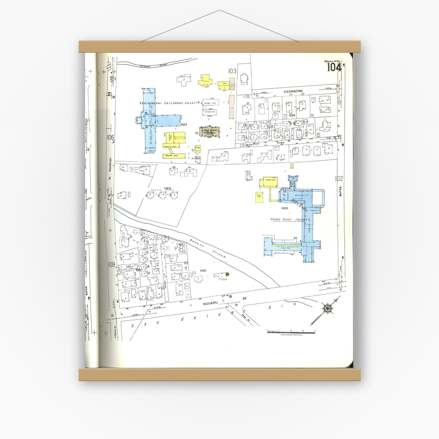 Old map wall art mockup — magnetic wood frame on white wall — Sanborn Fire Insurance Map from Honolulu, Oahu County, Hawaii (1955), Sheet #0104