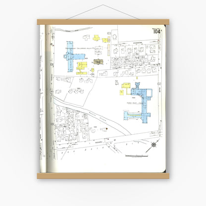 Old map wall art mockup — magnetic wood frame on white wall — Sanborn Fire Insurance Map from Honolulu, Oahu County, Hawaii (1955), Sheet #0104