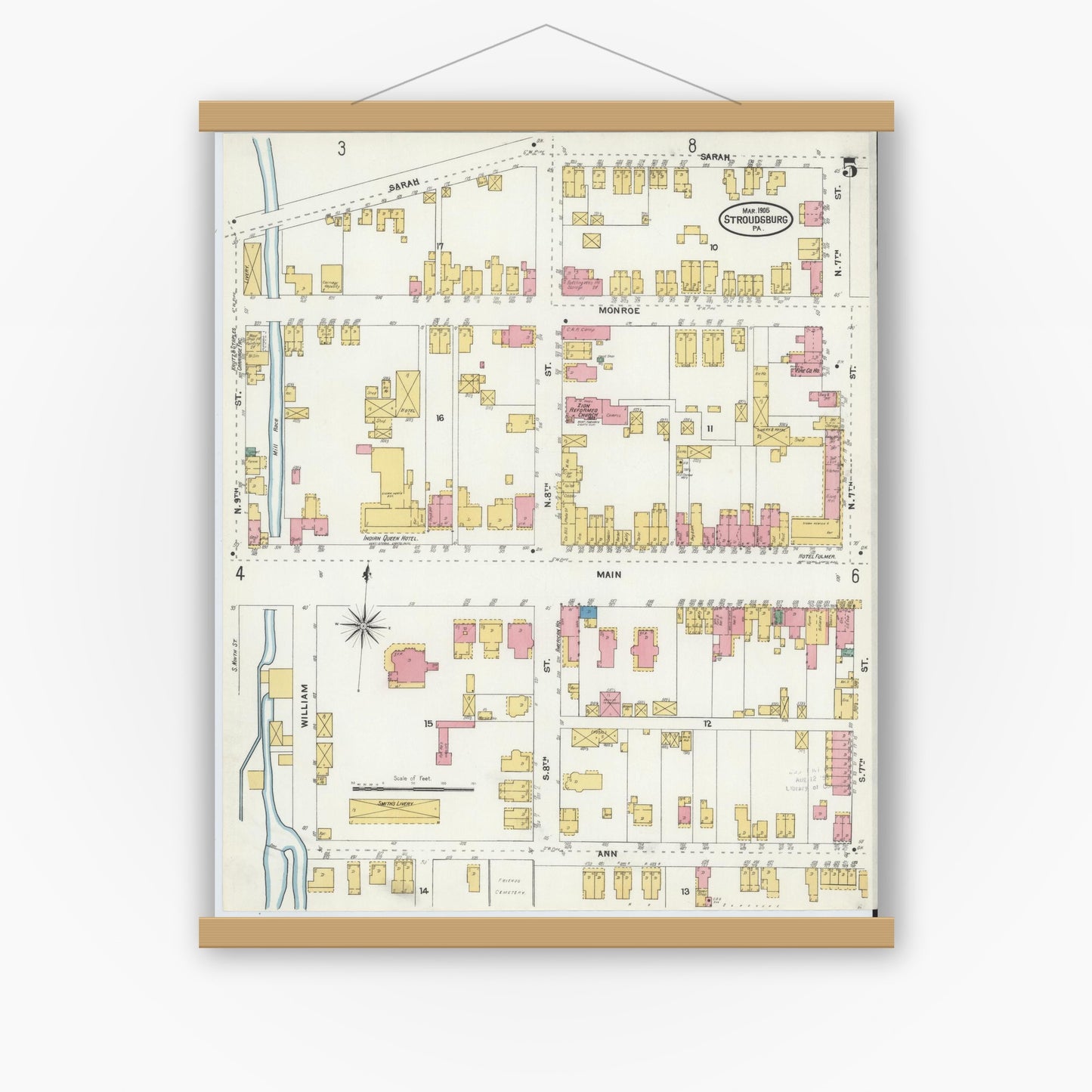 Old map wall art mockup — magnetic wood frame on white wall — Sanborn Fire Insurance Map from Stroudsburg, Monroe County, Pennsylvania (1905), Sheet #0005