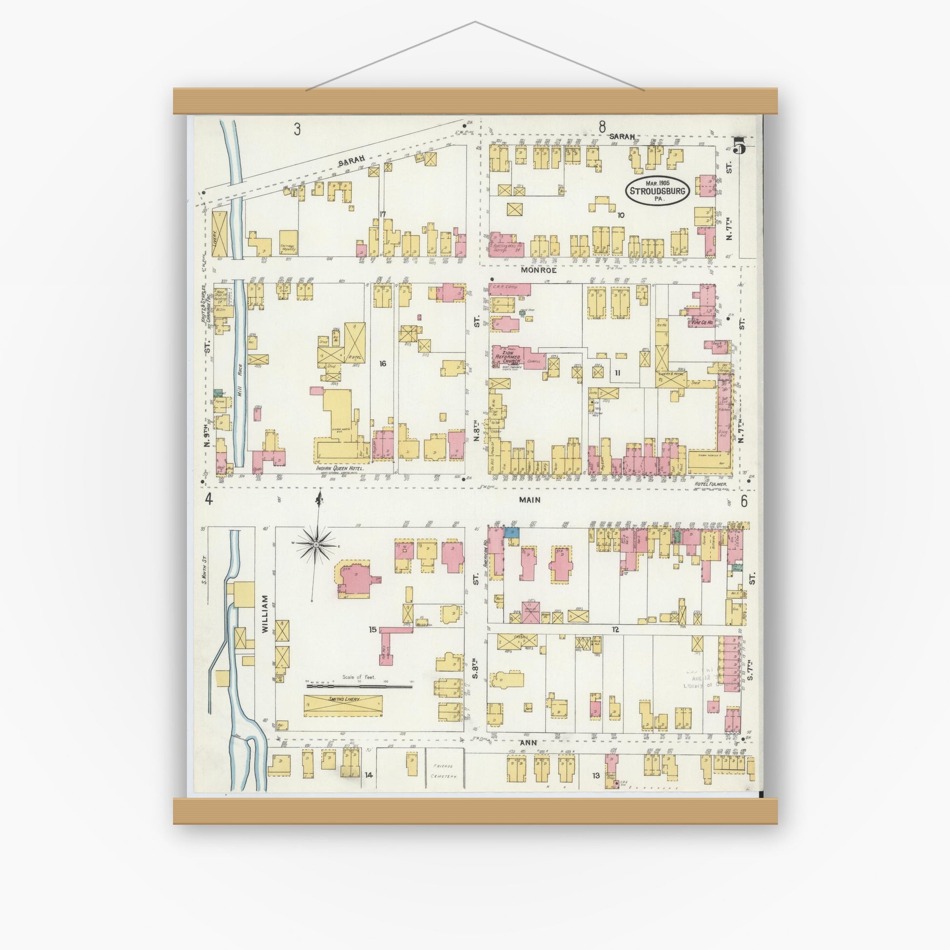 Old map wall art mockup — magnetic wood frame on white wall — Sanborn Fire Insurance Map from Stroudsburg, Monroe County, Pennsylvania (1905), Sheet #0005