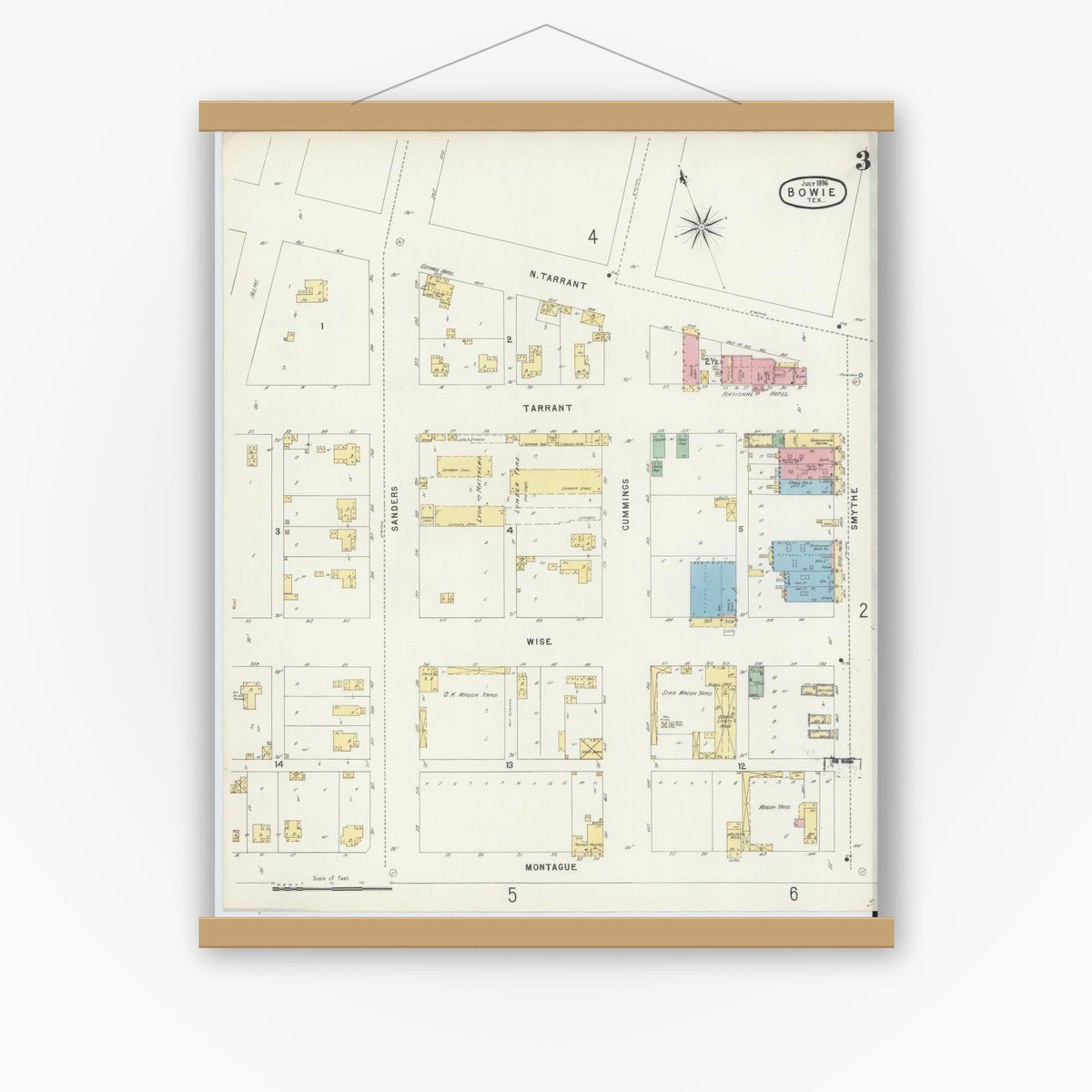 Old map wall art mockup — magnetic wood frame on white wall — Sanborn Fire Insurance Map from Bowie, Montague County, Texas (1896), Sheet #0003