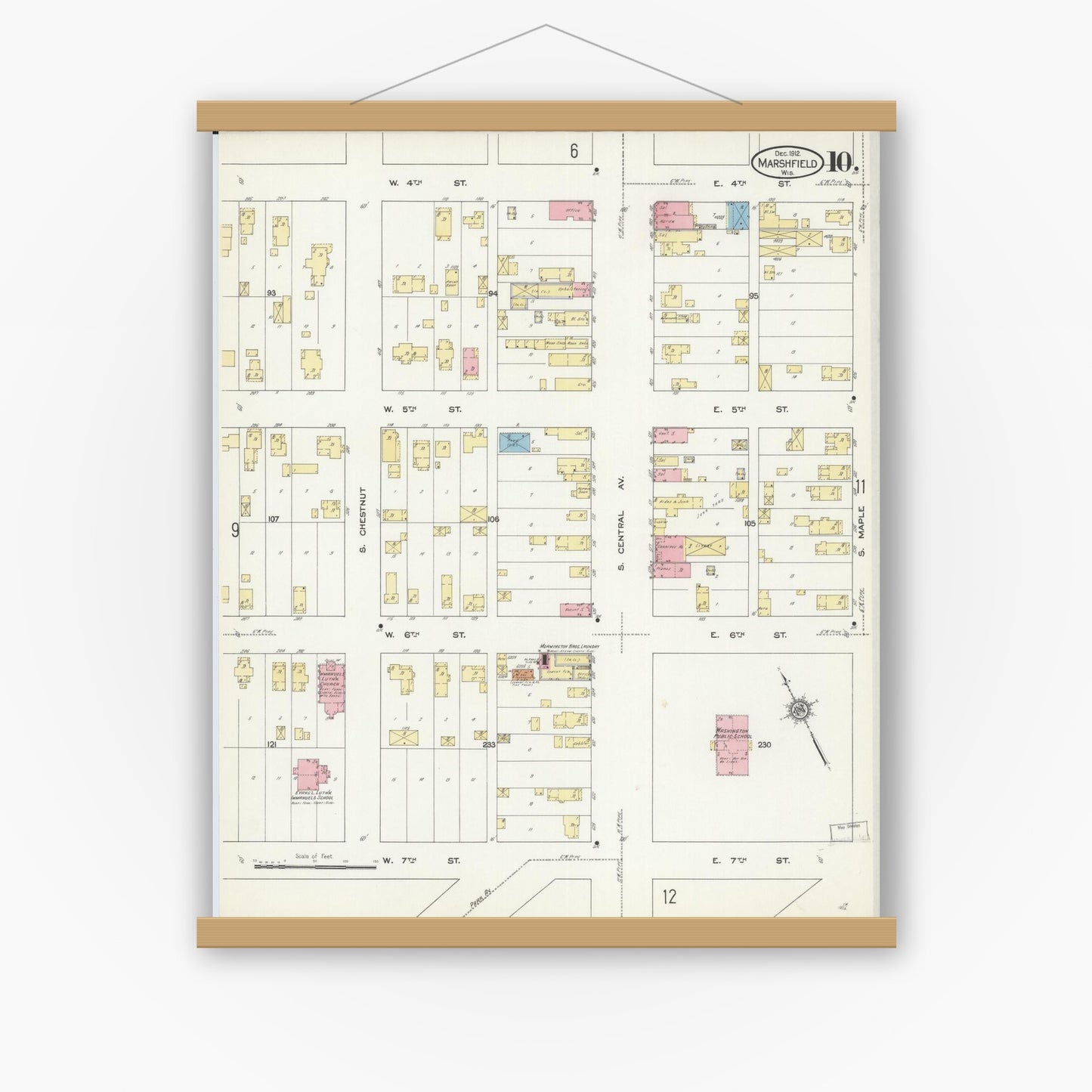 Old map wall art mockup — magnetic wood frame on white wall — Sanborn Fire Insurance Map from Marshfield, Wood County, Wisconsin (1912), Sheet #0010