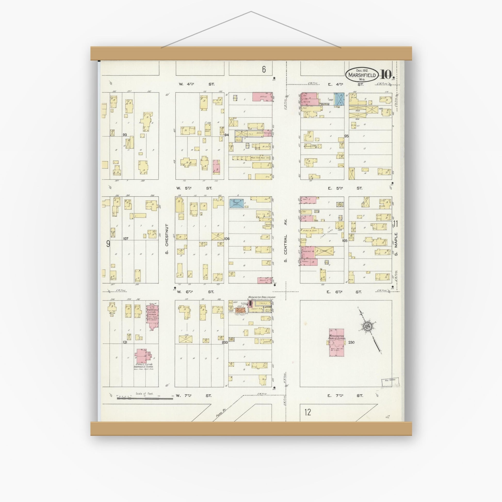 Old map wall art mockup — magnetic wood frame on white wall — Sanborn Fire Insurance Map from Marshfield, Wood County, Wisconsin (1912), Sheet #0010