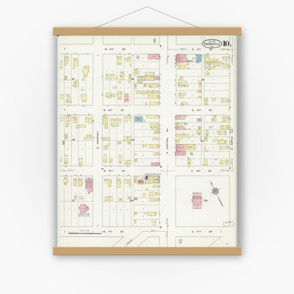 Old map wall art mockup — magnetic wood frame on white wall — Sanborn Fire Insurance Map from Marshfield, Wood County, Wisconsin (1912), Sheet #0010