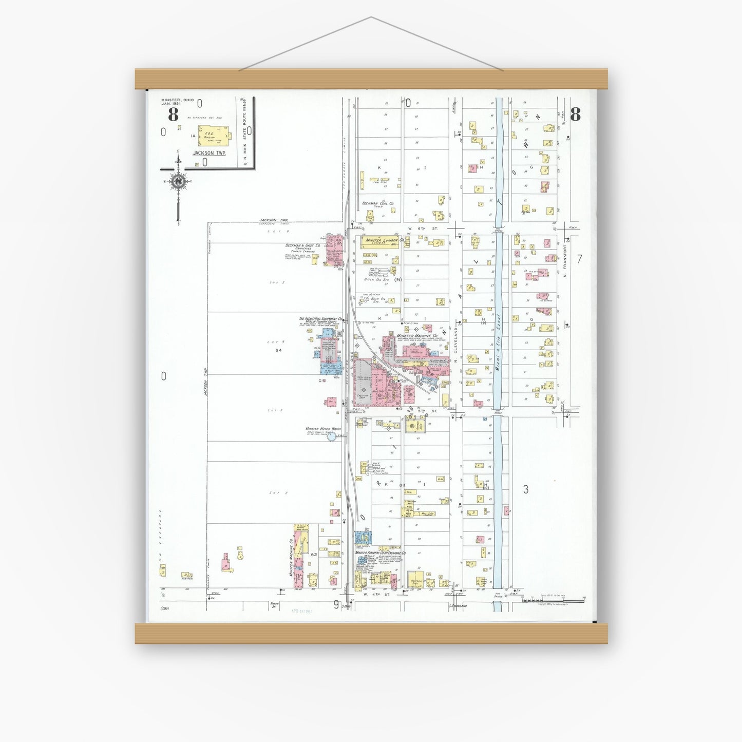 Old map wall art mockup — magnetic wood frame on white wall — Sanborn Fire Insurance Map from Minster, Auglaize County, Ohio (1951), Sheet #0008