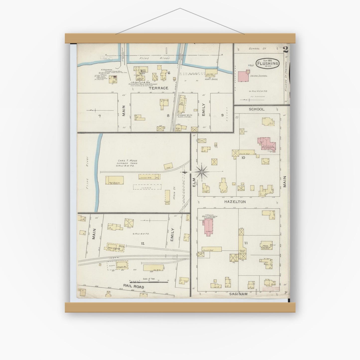 Old map wall art mockup — magnetic wood frame on white wall — Sanborn Fire Insurance Map from Flushing, Genesee County, Michigan (1893), Sheet #0002