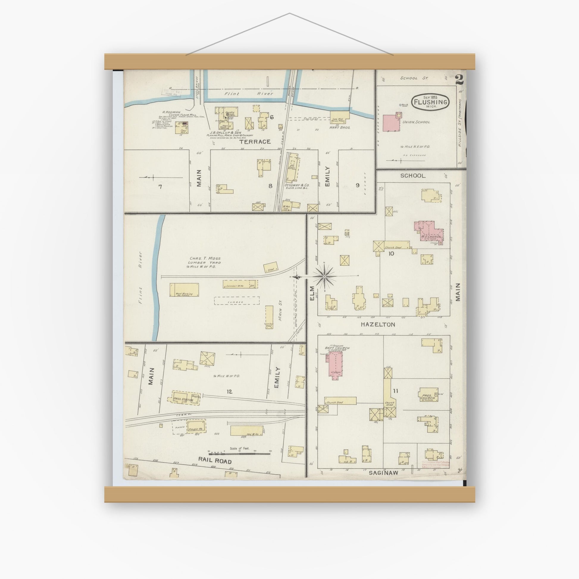 Old map wall art mockup — magnetic wood frame on white wall — Sanborn Fire Insurance Map from Flushing, Genesee County, Michigan (1893), Sheet #0002