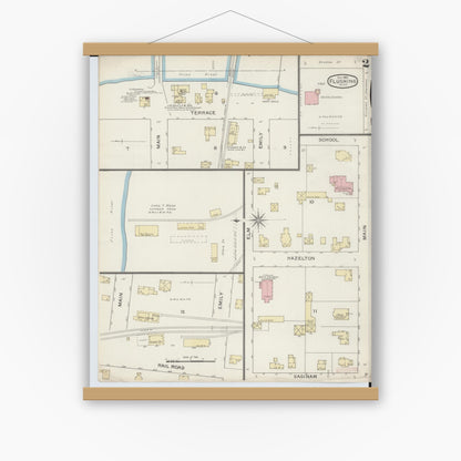 Old map wall art mockup — magnetic wood frame on white wall — Sanborn Fire Insurance Map from Flushing, Genesee County, Michigan (1893), Sheet #0002