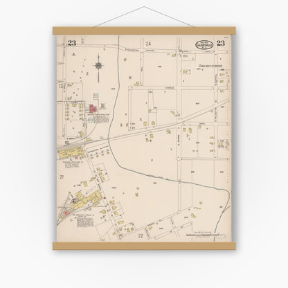Old map wall art mockup — magnetic wood frame on white wall — Sanborn Fire Insurance Map from Gainesville, Alachua County, Florida (1922), Sheet #0023
