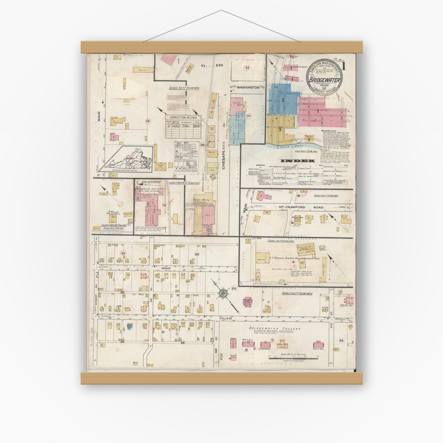 Old map wall art mockup — magnetic wood frame on white wall — Sanborn Fire Insurance Map from Bridgewater, Rockingham County, Virginia (1917), Sheet #0001