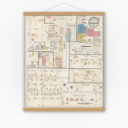 Old map wall art mockup — magnetic wood frame on white wall — Sanborn Fire Insurance Map from Bridgewater, Rockingham County, Virginia (1917), Sheet #0001