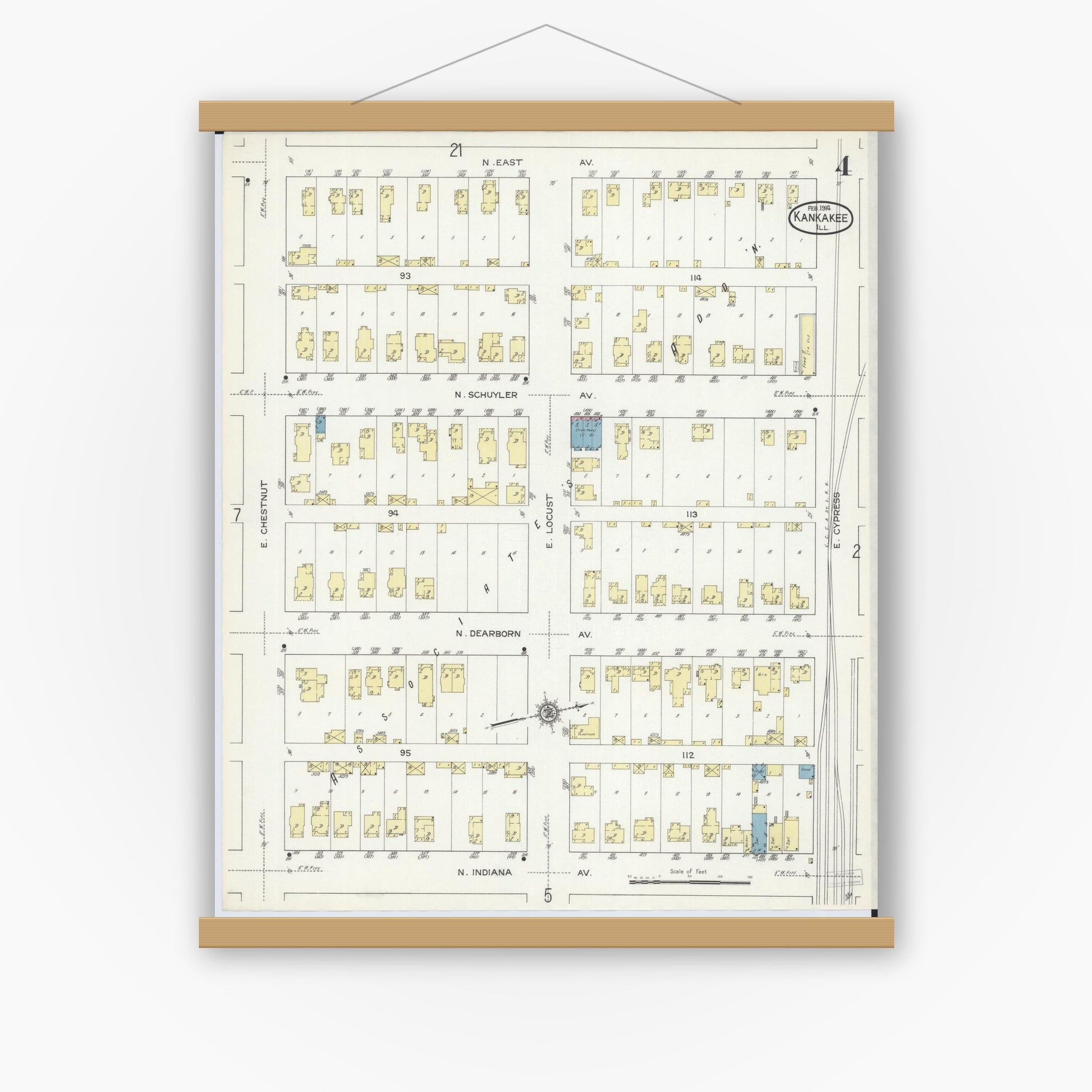 Old map wall art mockup — magnetic wood frame on white wall — Sanborn Fire Insurance Map from Kankakee, Kankakee County, Illinois (1914), Sheet #0004