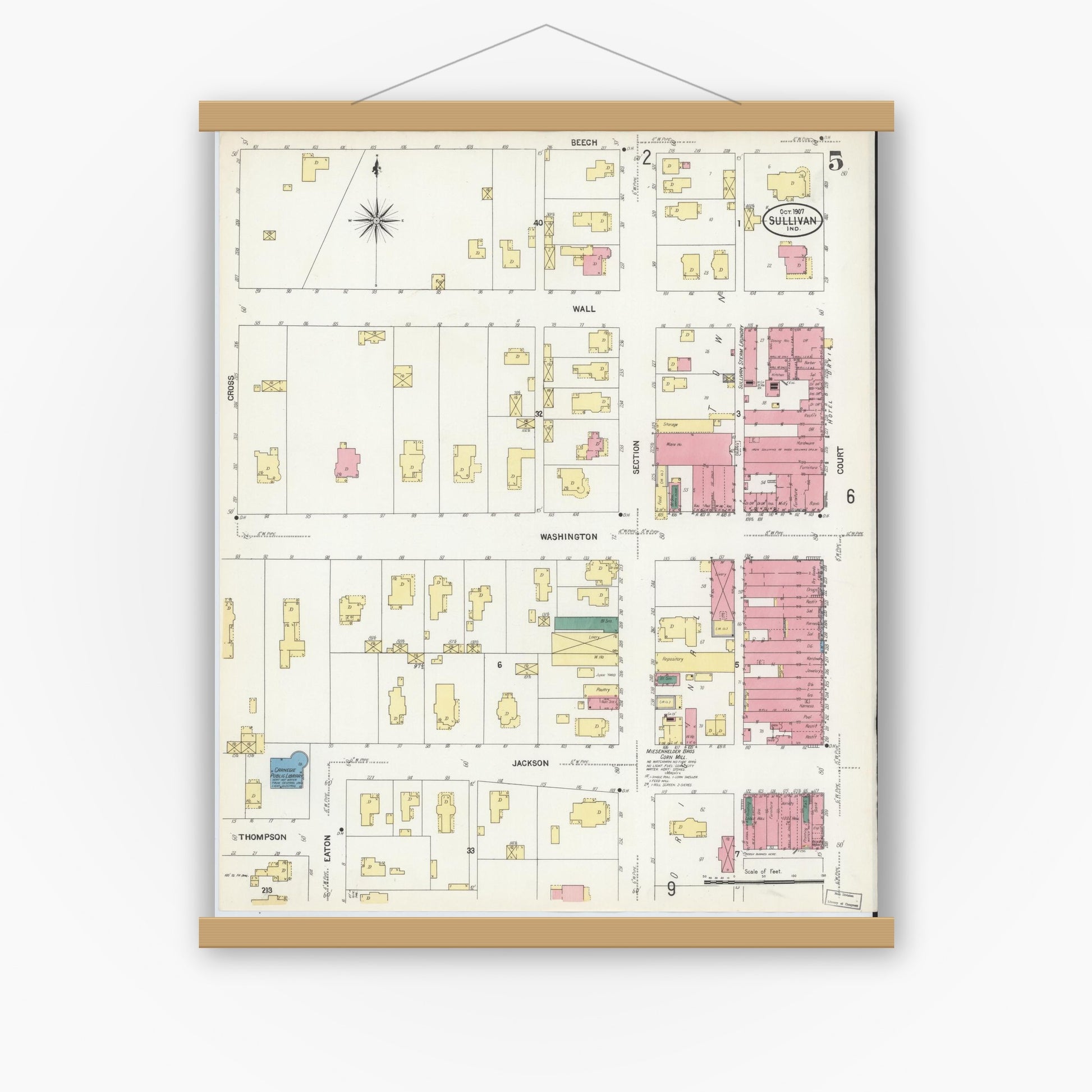 Old map wall art mockup — magnetic wood frame on white wall — Sanborn Fire Insurance Map from Sullivan, Sullivan County, Indiana (1907), Sheet #0005