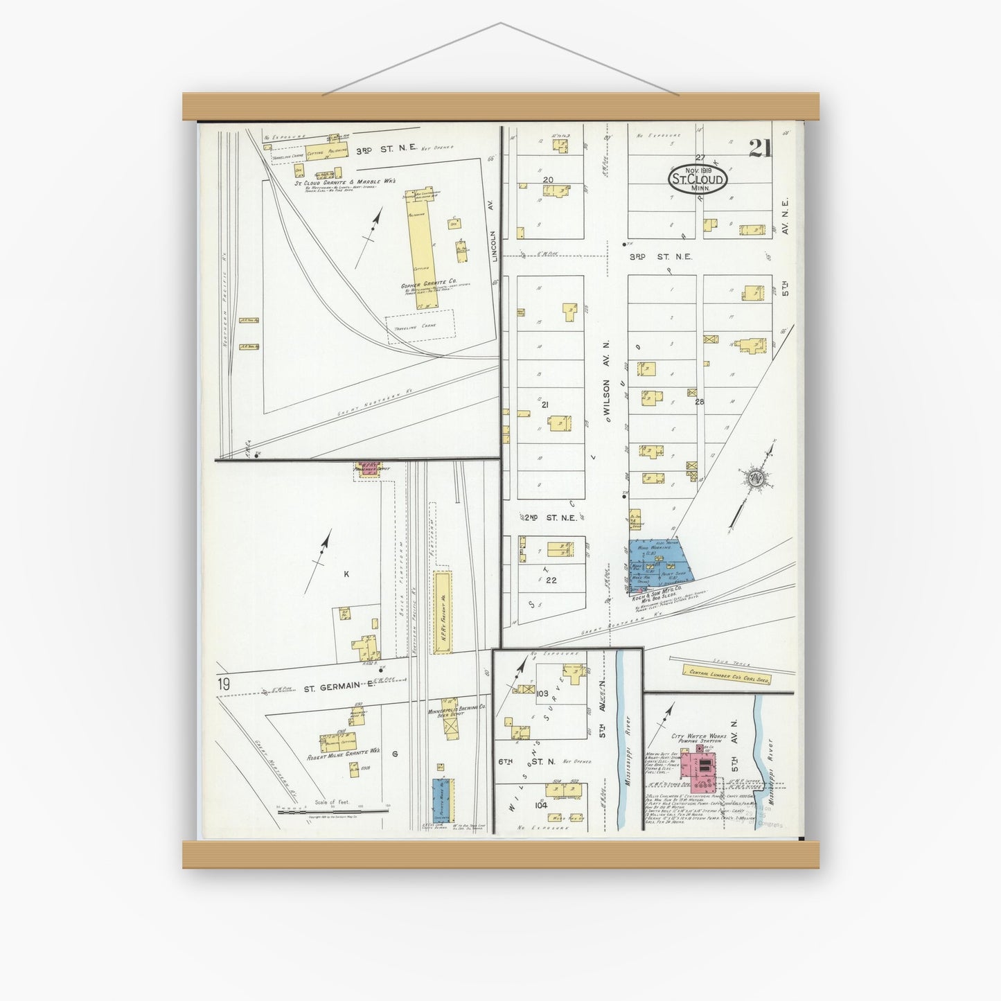 Old map wall art mockup — magnetic wood frame on white wall — Sanborn Fire Insurance Map from Saint Cloud, Stearns, Benton, and Sherburne Counties, Minnesota (1919), Sheet #0021