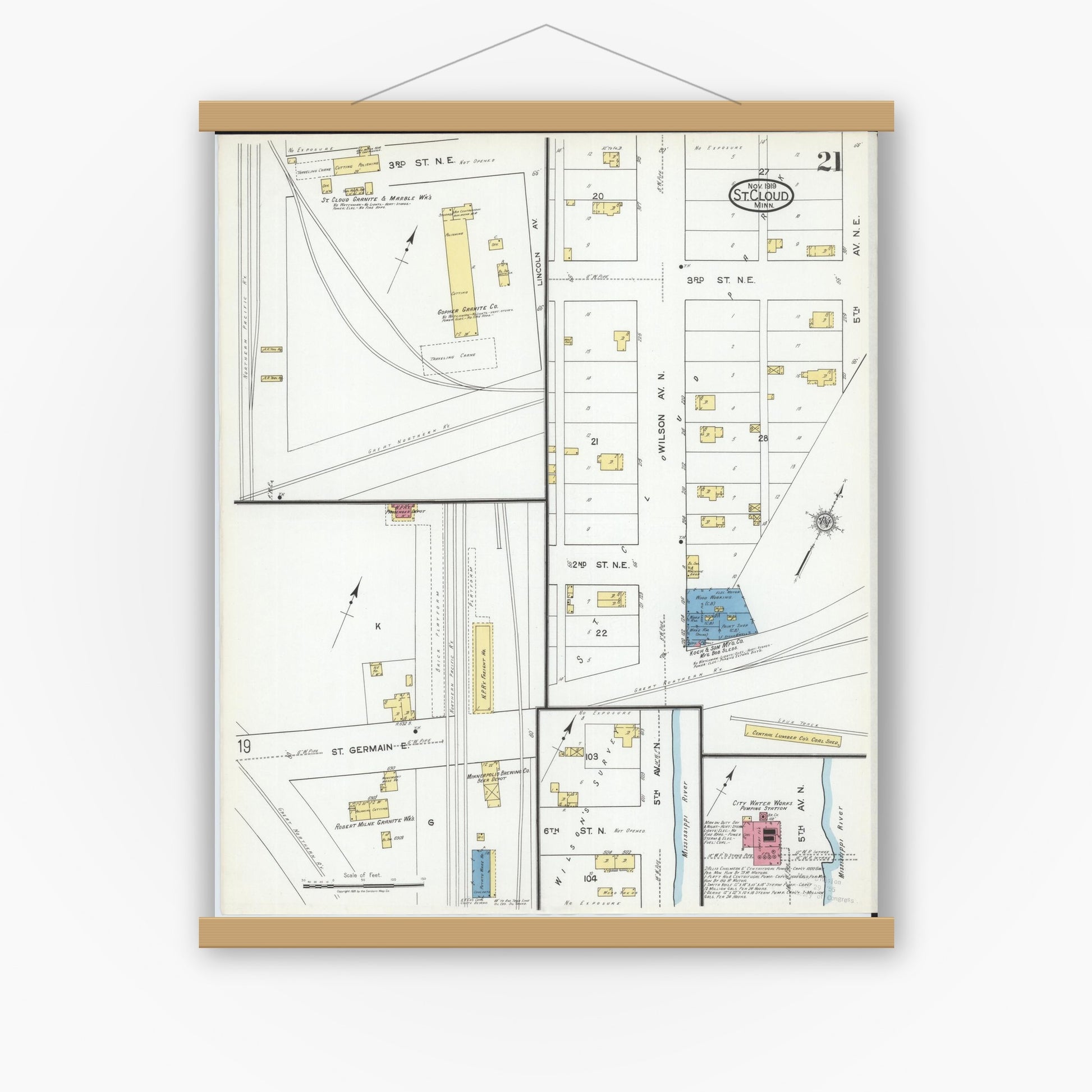 Old map wall art mockup — magnetic wood frame on white wall — Sanborn Fire Insurance Map from Saint Cloud, Stearns, Benton, and Sherburne Counties, Minnesota (1919), Sheet #0021