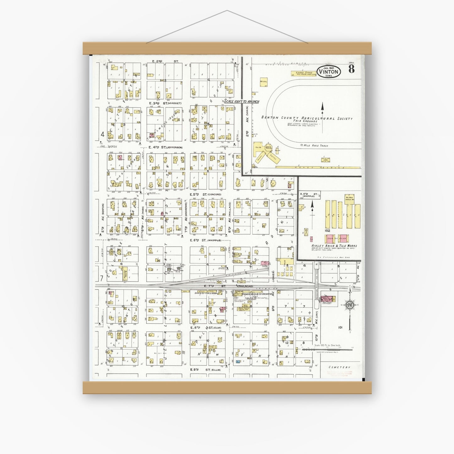 Old map wall art mockup — magnetic wood frame on white wall — Sanborn Fire Insurance Map from Vinton, Benton County, Iowa (1921), Sheet #0008