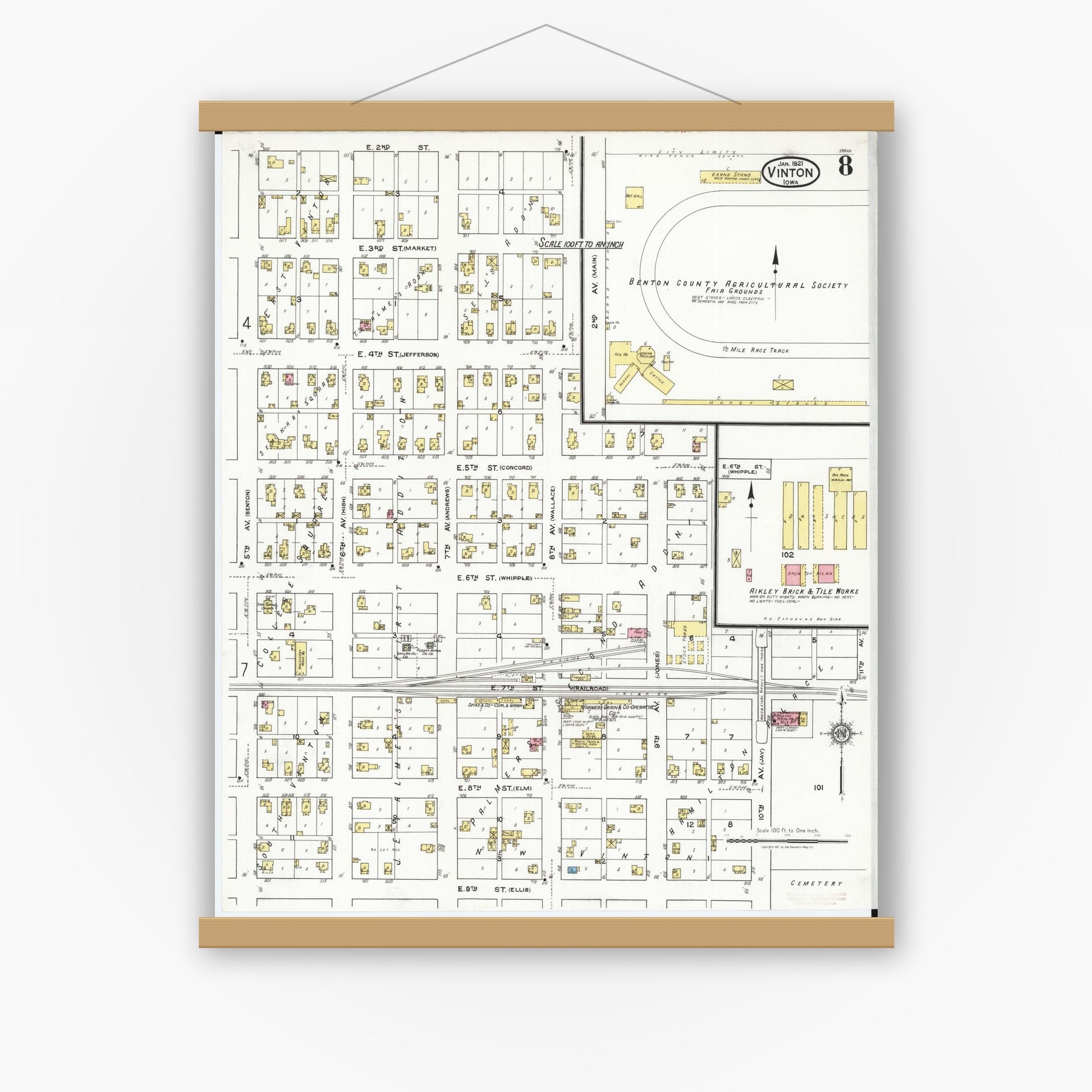 Old map wall art mockup — magnetic wood frame on white wall — Sanborn Fire Insurance Map from Vinton, Benton County, Iowa (1921), Sheet #0008
