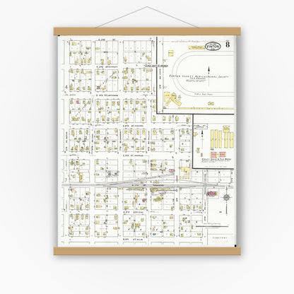 Old map wall art mockup — magnetic wood frame on white wall — Sanborn Fire Insurance Map from Vinton, Benton County, Iowa (1921), Sheet #0008