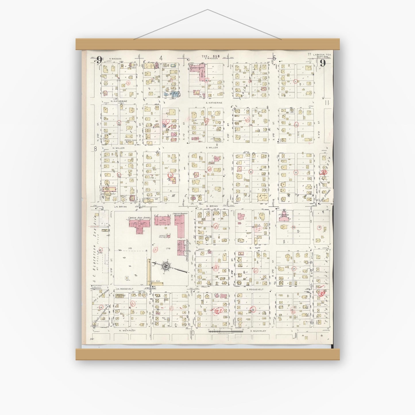 Old map wall art mockup — magnetic wood frame on white wall — Sanborn Fire Insurance Map from Lamesa, Dawson County, Texas (1948), Sheet #0009