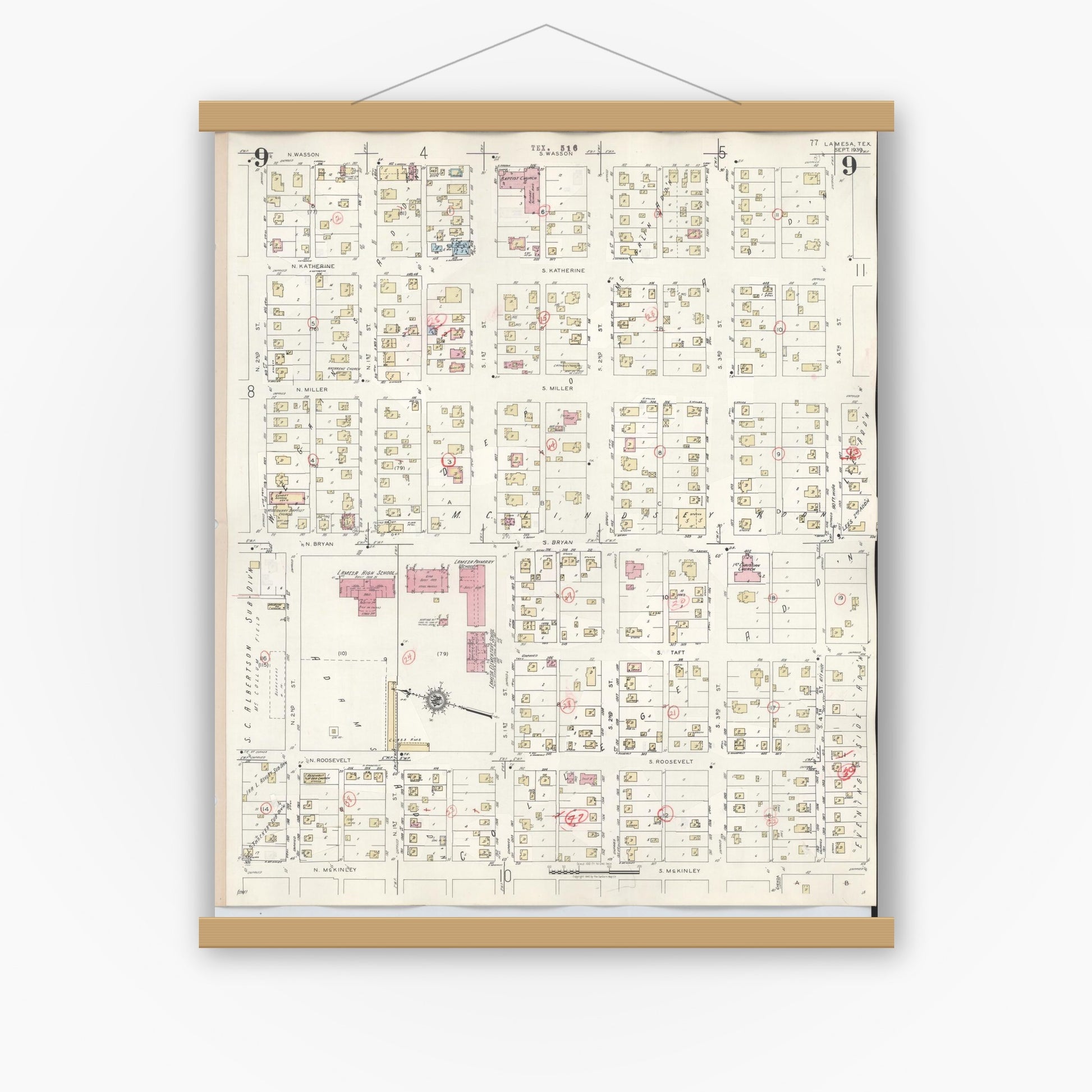 Old map wall art mockup — magnetic wood frame on white wall — Sanborn Fire Insurance Map from Lamesa, Dawson County, Texas (1948), Sheet #0009