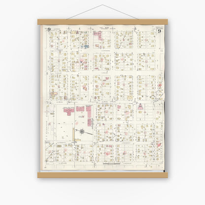 Old map wall art mockup — magnetic wood frame on white wall — Sanborn Fire Insurance Map from Lamesa, Dawson County, Texas (1948), Sheet #0009