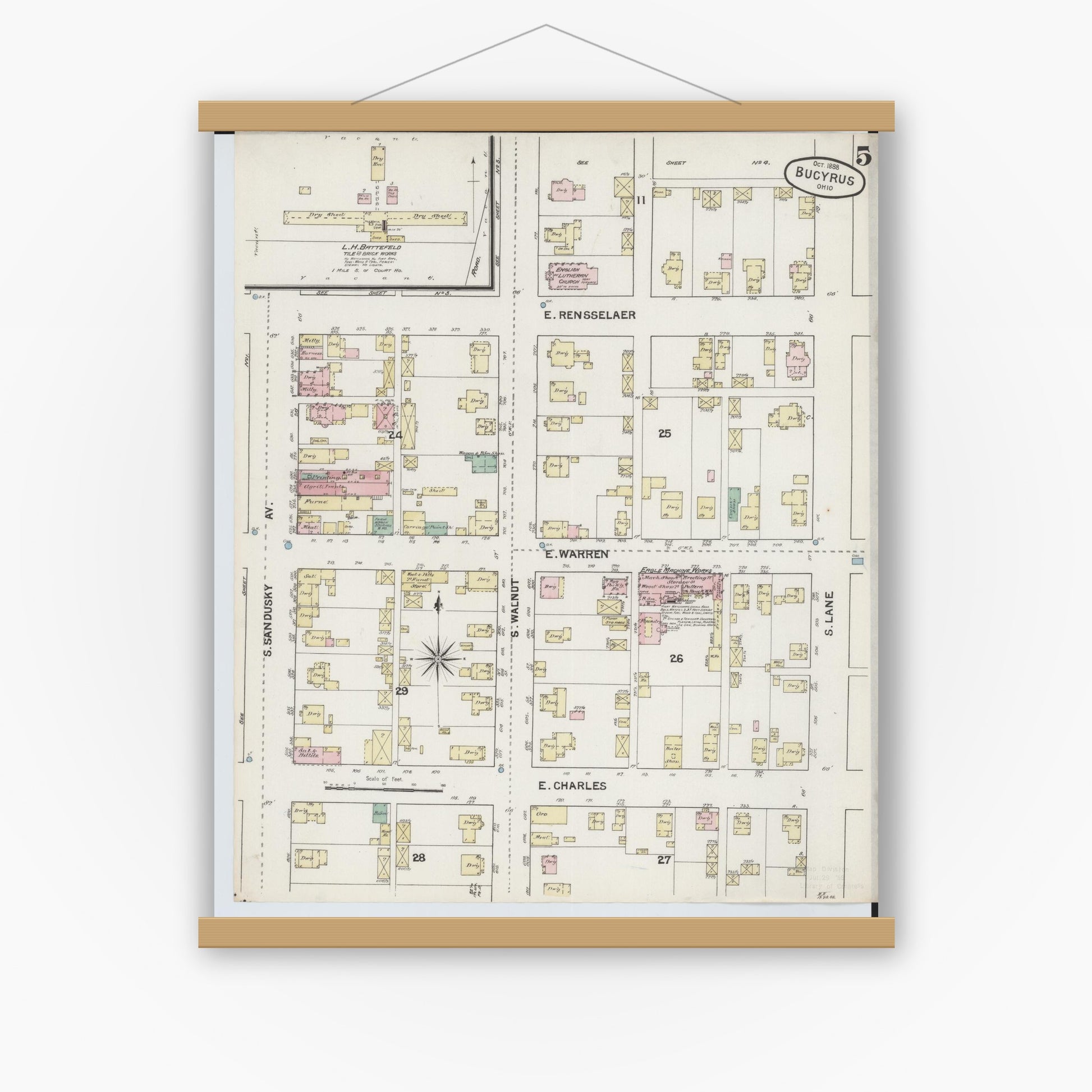 Old map wall art mockup — magnetic wood frame on white wall — Sanborn Fire Insurance Map from Bucyrus, Crawford County, Ohio (1888), Sheet #0005