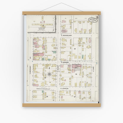 Old map wall art mockup — magnetic wood frame on white wall — Sanborn Fire Insurance Map from Bucyrus, Crawford County, Ohio (1888), Sheet #0005
