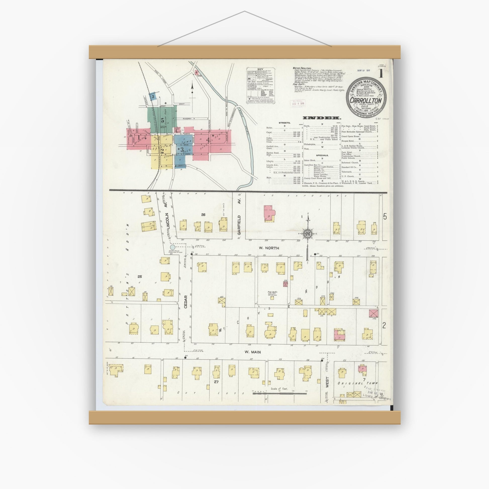 Old map wall art mockup — magnetic wood frame on white wall — Sanborn Fire Insurance Map from Carrollton, Carroll County, Ohio (1911) - Complete Map Set