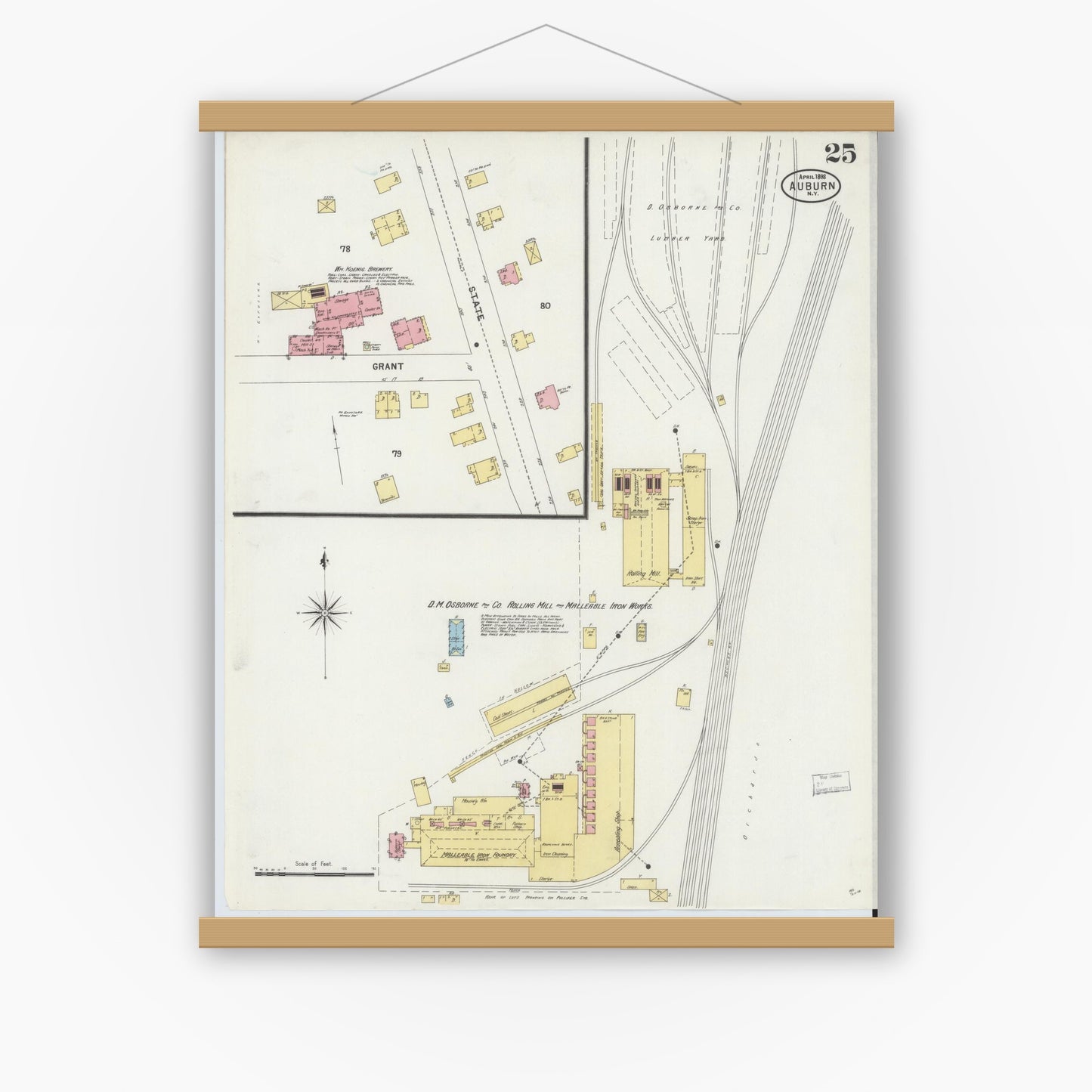 Old map wall art mockup — magnetic wood frame on white wall — Sanborn Fire Insurance Map from Auburn, Cayuga County, New York (1898), Sheet #0025