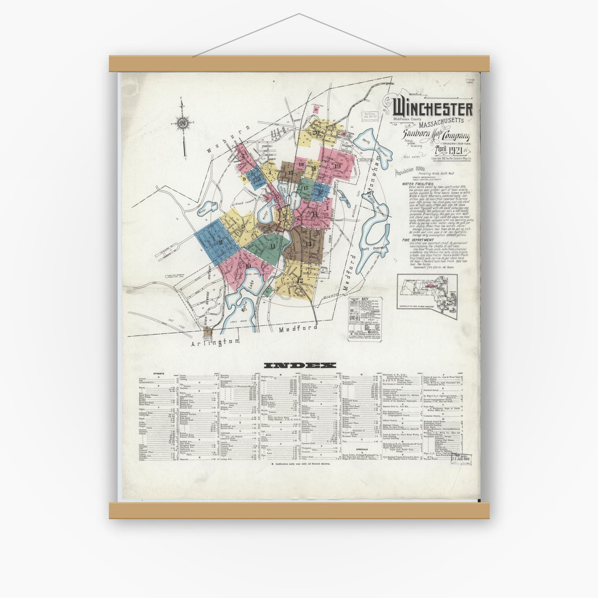 Old map wall art mockup — magnetic wood frame on white wall — Sanborn Fire Insurance Map from Winchester, Middlesex County, Massachusetts (1921), Sheet #0001