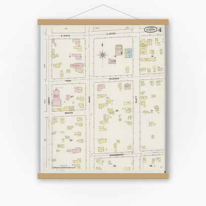 Old map wall art mockup — magnetic wood frame on white wall — Sanborn Fire Insurance Map from Albion, Orleans County, New York (1889), Sheet #0004