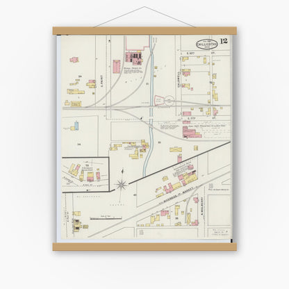 Old map wall art mockup — magnetic wood frame on white wall — Sanborn Fire Insurance Map from Chillicothe, Ross County, Ohio (1895), Sheet #0012
