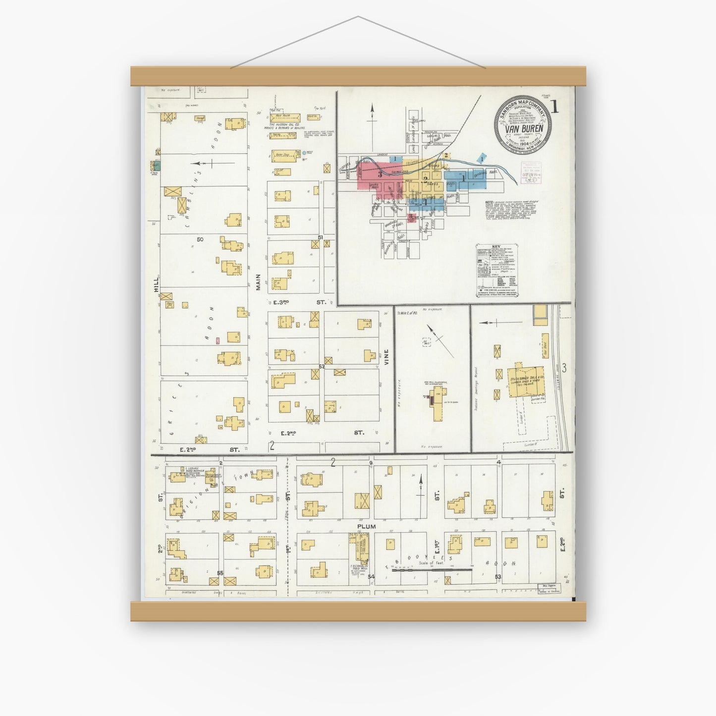 Old map wall art mockup — magnetic wood frame on white wall — Sanborn Fire Insurance Map from Van Buren, Grant County, Indiana (1904) - Complete Map Set
