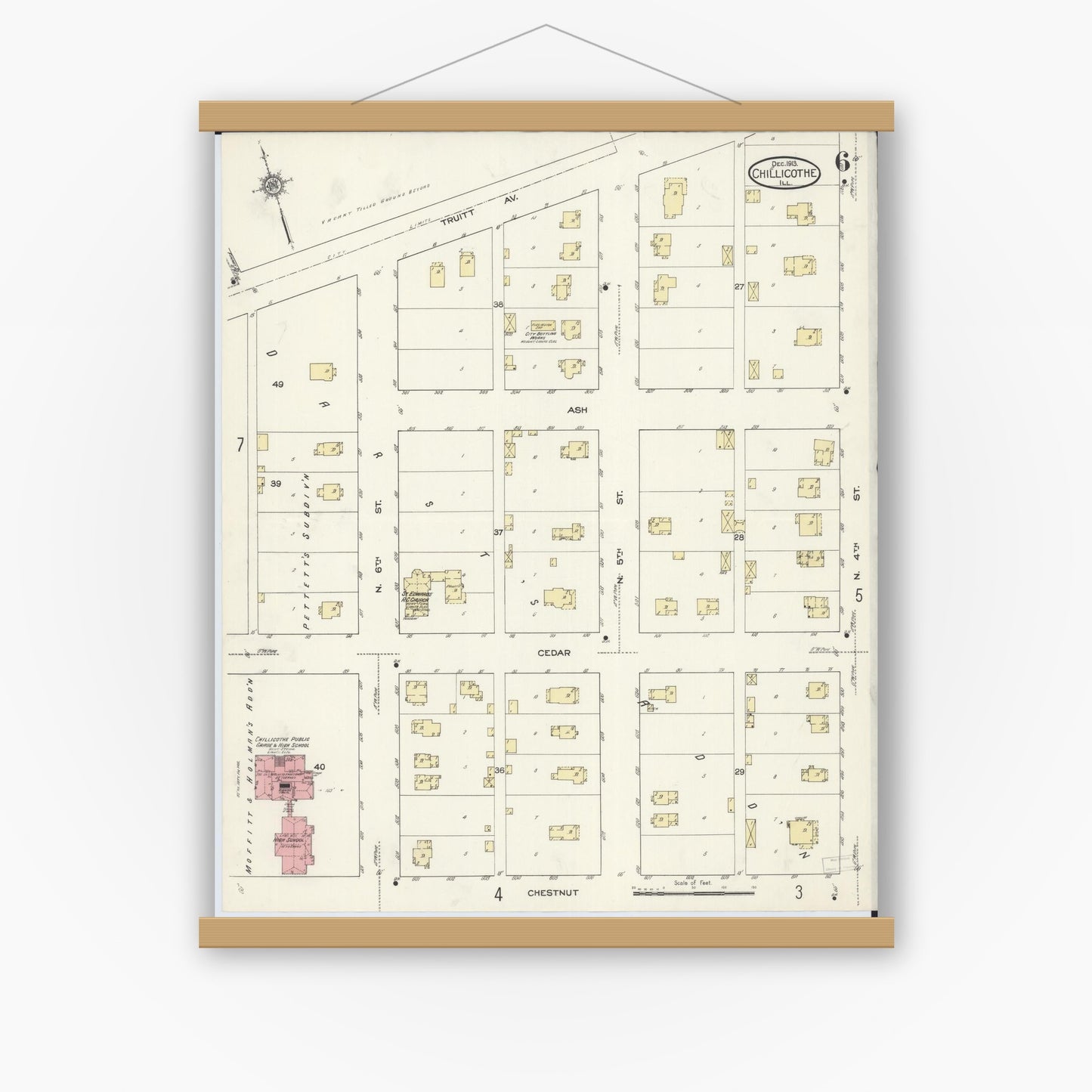 Old map wall art mockup — magnetic wood frame on white wall — Sanborn Fire Insurance Map from Chillicothe, Peoria County, Illinois (1913), Sheet #0006