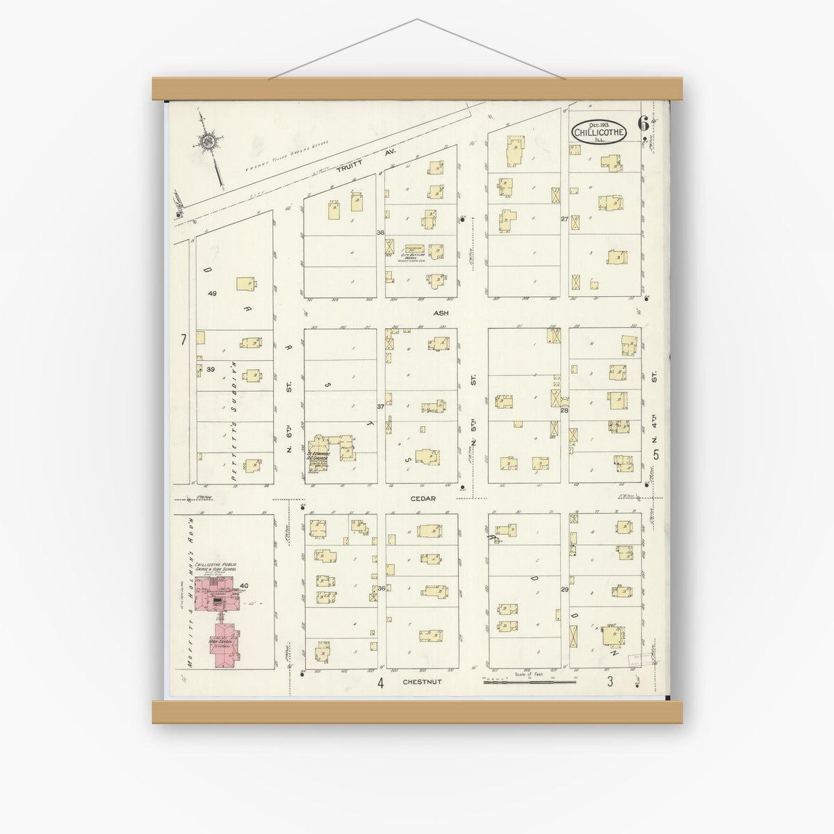 Old map wall art mockup — magnetic wood frame on white wall — Sanborn Fire Insurance Map from Chillicothe, Peoria County, Illinois (1913), Sheet #0006