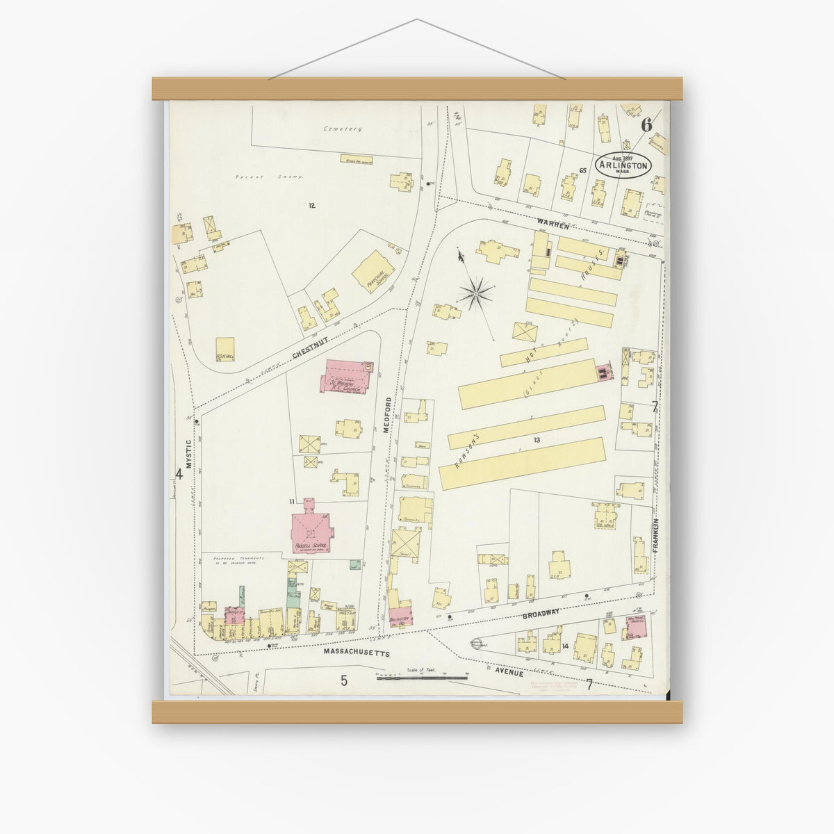 Old map wall art mockup — magnetic wood frame on white wall — Sanborn Fire Insurance Map from Arlington, Middlesex County, Massachusetts (1897), Sheet #0006
