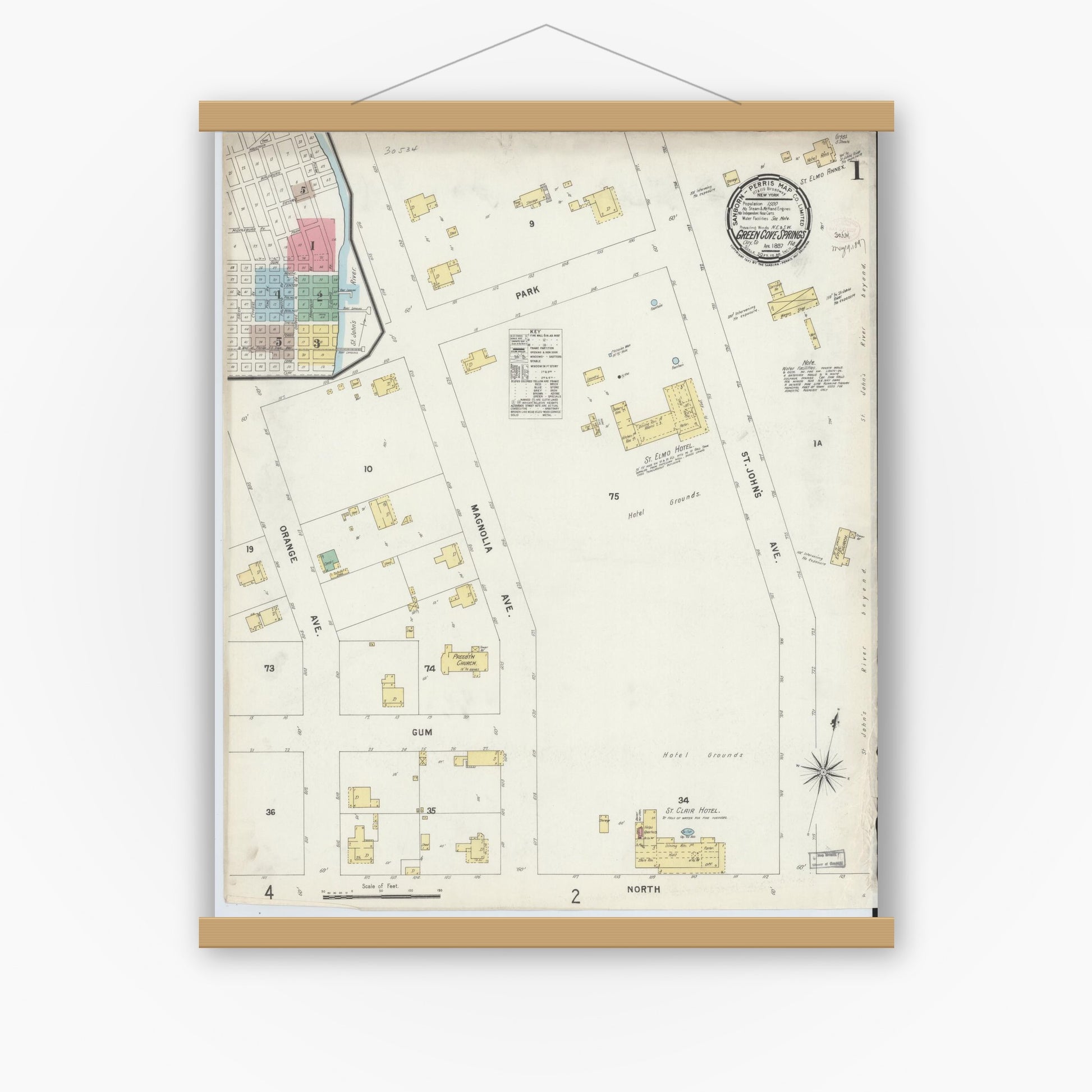Old map wall art mockup — magnetic wood frame on white wall — Sanborn Fire Insurance Map from Green Cove Springs, Clay County, Florida (1897) - Complete Map Set