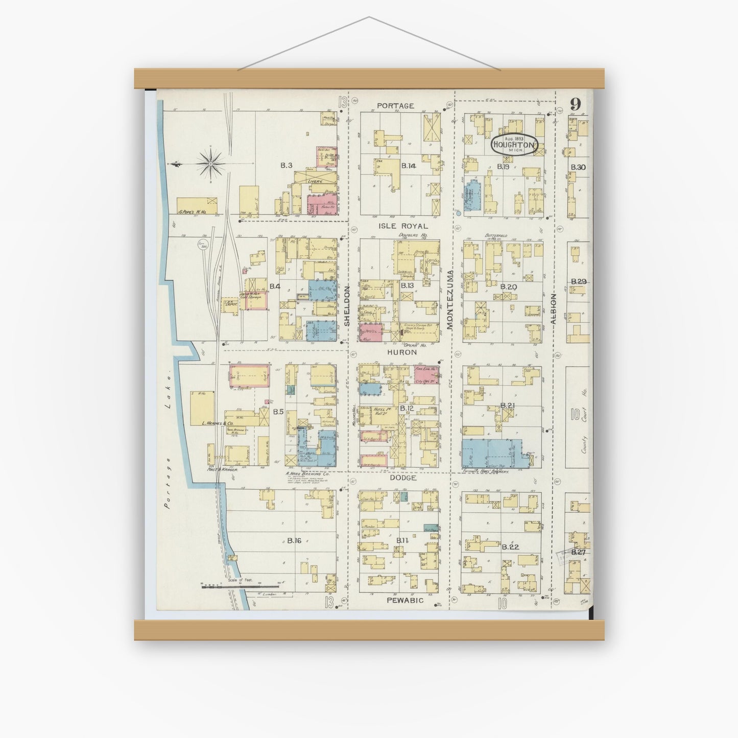 Old map wall art mockup — magnetic wood frame on white wall — Sanborn Fire Insurance Map from Houghton, Houghton County, Michigan (1893), Sheet #0009