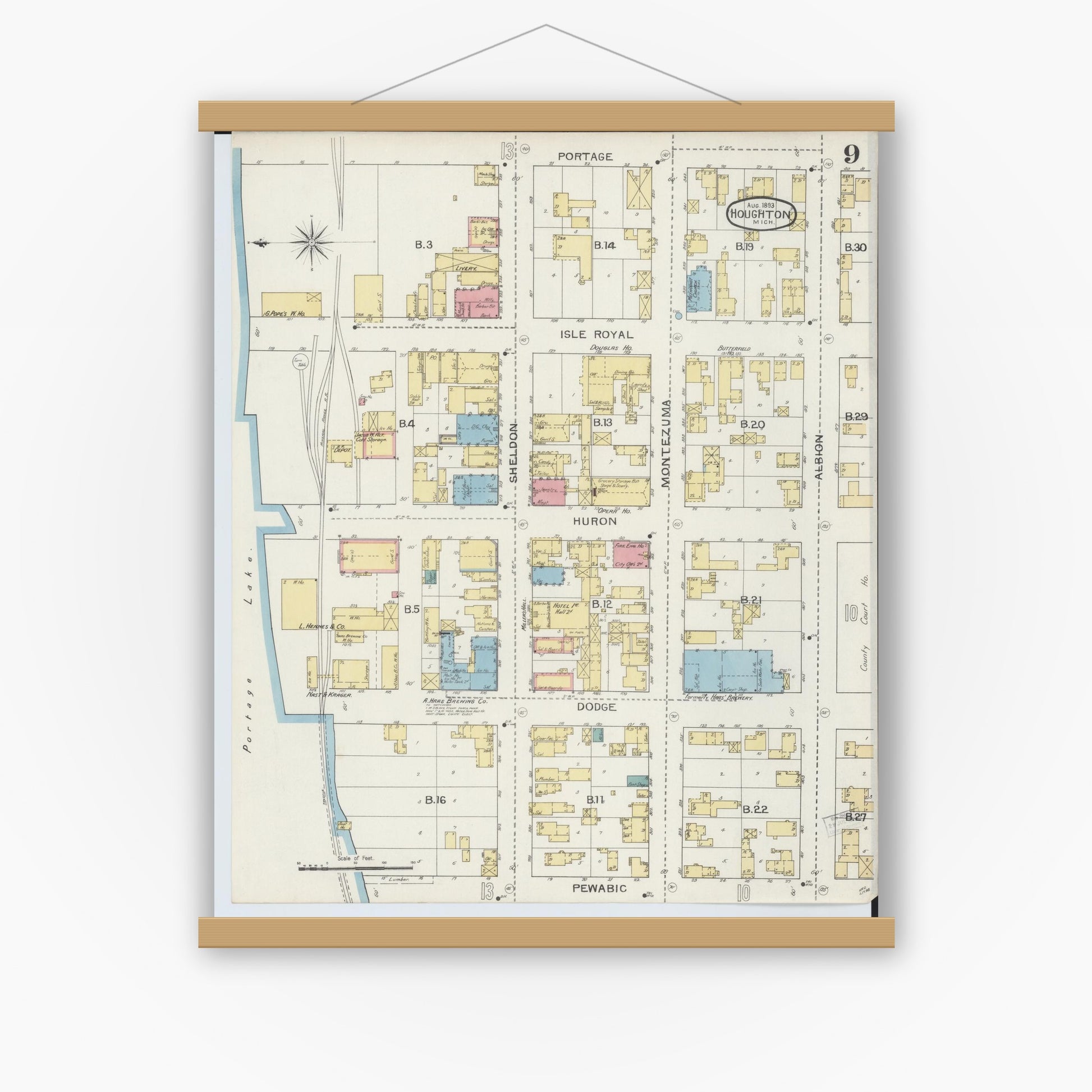 Old map wall art mockup — magnetic wood frame on white wall — Sanborn Fire Insurance Map from Houghton, Houghton County, Michigan (1893), Sheet #0009