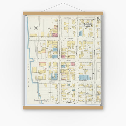 Old map wall art mockup — magnetic wood frame on white wall — Sanborn Fire Insurance Map from Houghton, Houghton County, Michigan (1893), Sheet #0009