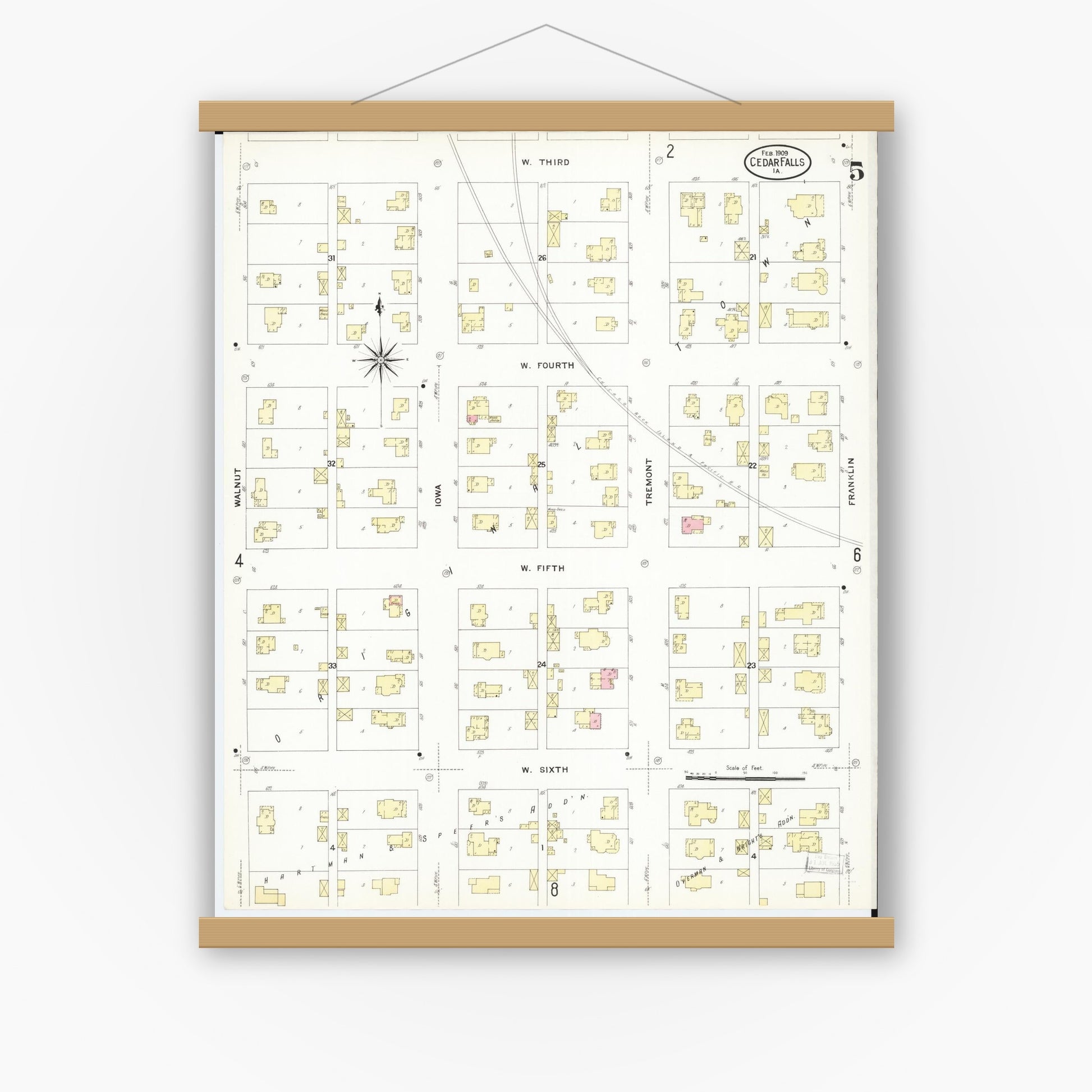 Old map wall art mockup — magnetic wood frame on white wall — Sanborn Fire Insurance Map from Cedar Falls, Black Hawk County, Iowa (1909), Sheet #0005