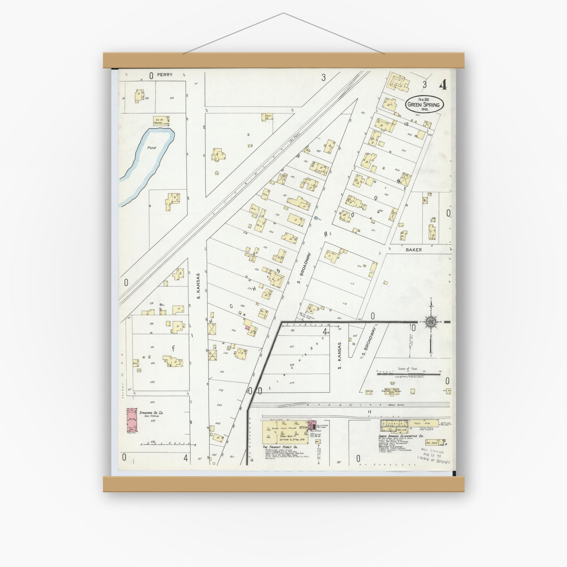 Old map wall art mockup — magnetic wood frame on white wall — Sanborn Fire Insurance Map from Green Springs, Sandusky And Seneca Counties, Ohio (1921), Sheet #0004