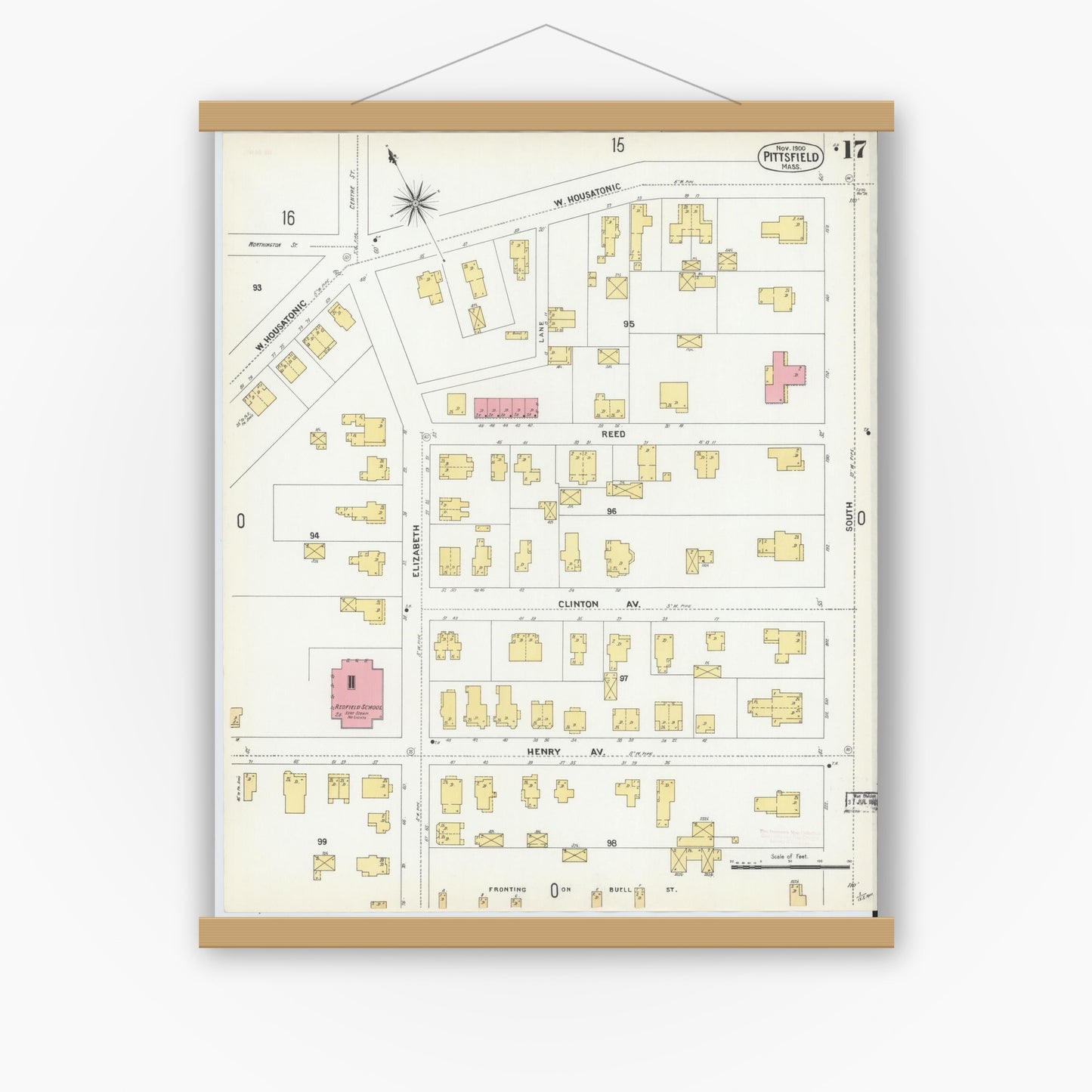 Old map wall art mockup — magnetic wood frame on white wall — Sanborn Fire Insurance Map from Pittsfield, Berkshire County, Massachusetts (1900), Sheet #0017