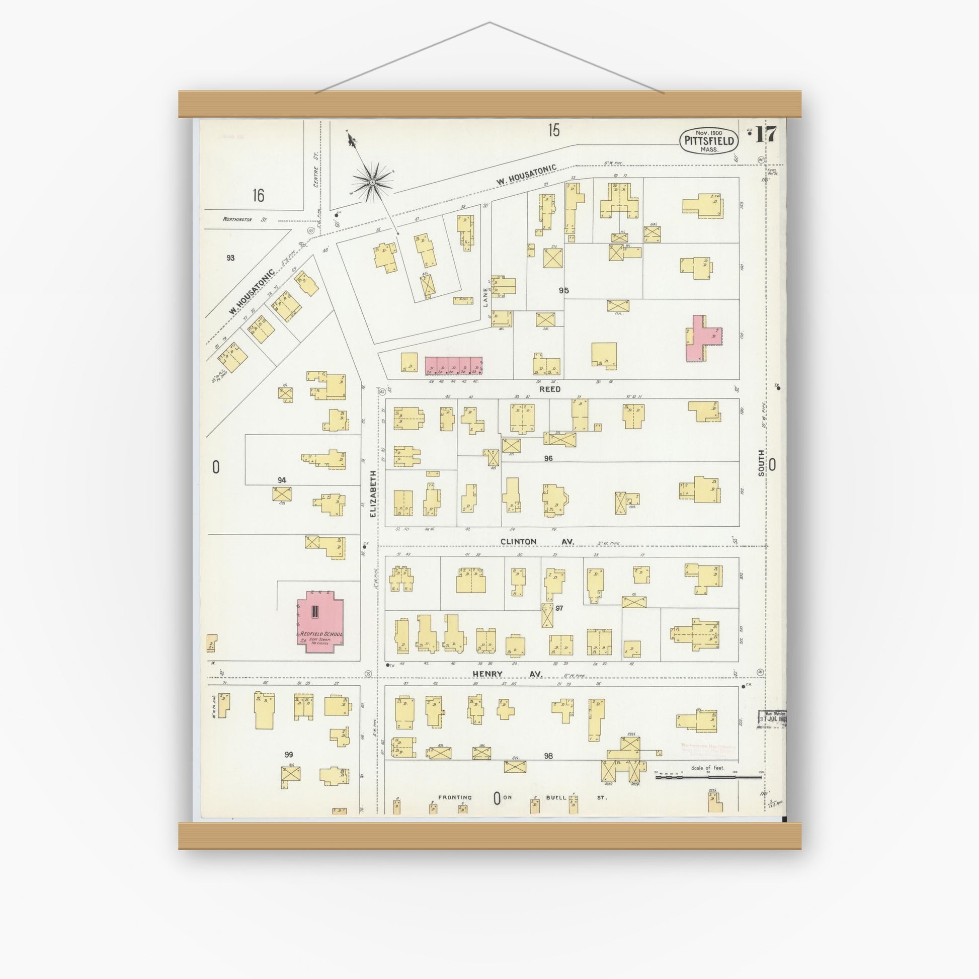 Old map wall art mockup — magnetic wood frame on white wall — Sanborn Fire Insurance Map from Pittsfield, Berkshire County, Massachusetts (1900), Sheet #0017