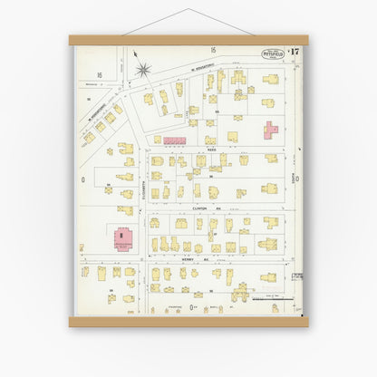 Old map wall art mockup — magnetic wood frame on white wall — Sanborn Fire Insurance Map from Pittsfield, Berkshire County, Massachusetts (1900), Sheet #0017