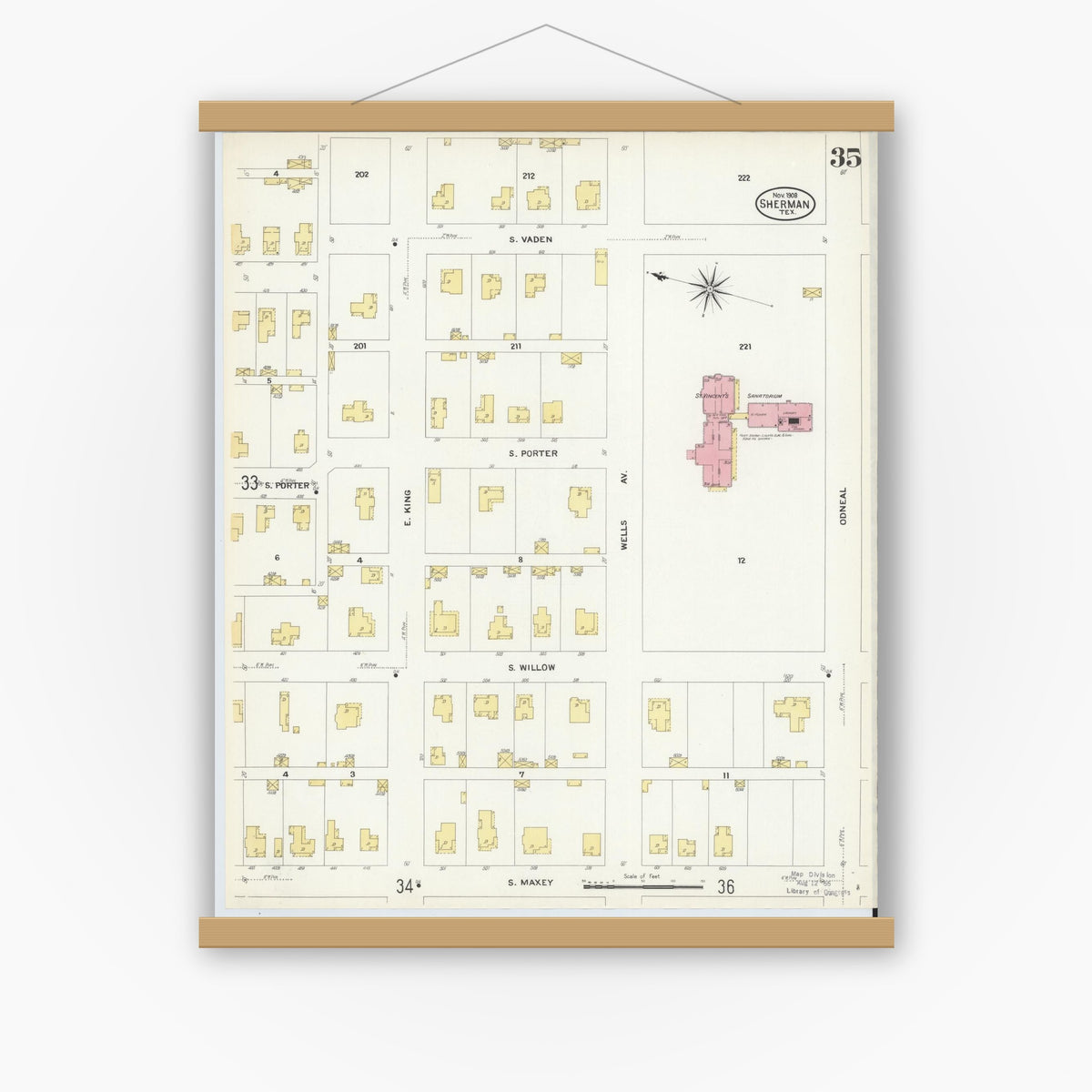 Old map wall art mockup — magnetic wood frame on white wall — Sanborn Fire Insurance Map from Sherman, Grayson County, Texas (1908), Sheet #0035